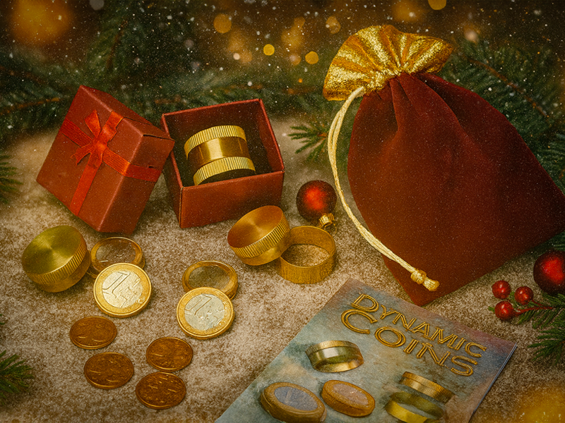 Mit den Dynamic Coins Deluxe erscheinen und verschwinden unter zwei Kappen aus Messing 4 1 Euromünzen. Dann erscheinen 8 Münzen die sich in Centstücke verwandeln. Der Zaubertrick ist auch ein aussergewöhnliches Geschenk für den Geburtstag oder Weihnachten.