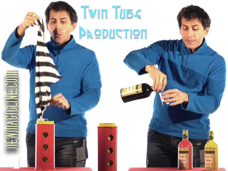 Mit der Twin Tube Production können Sie, aus zwei leeren Röhren jede Menge Tücher, 3 Flaschen und ein Gläschen produzieren.