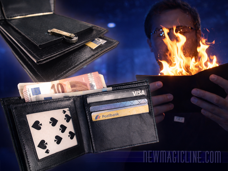 Bei der brennenden Brieftasche schlagen hohe Flammen aus der Geldbörse.