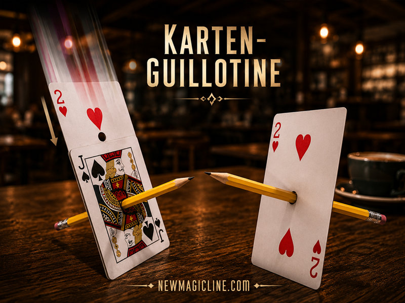 Karten Guillotine Bicycle. Eine Spielkarte durchdringt einen Bleistift