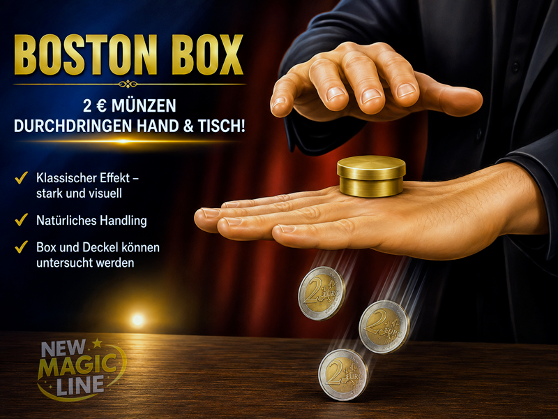 Boston Box für 2-Euro-Münzen aus Messing – Münzen durchdringen Hand und Tisch